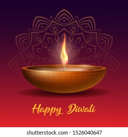 Burning diya on Happy Diwali Holiday on dark background with Indian Rangoli for light festival of India. Happy Deepavali day template banner. Holiday decoration elements Deepavali oil lamp.