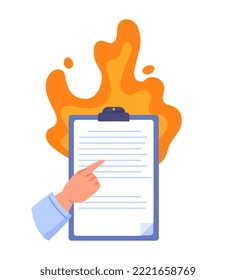 Burning document icon. Setting goals and scheduling, organizing workflow. Planning and motivation, deadline pressure. Panic and stress. Sticker for social networks. Cartoon flat vector illustration