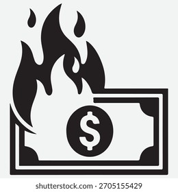 Icono de billete de dólar en llamas y signo de dólar