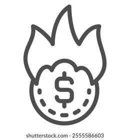 Burning dollar coin line icon, dollar coin on fire concept. Vector graphics. Cent money sign on white background, outline style icon for mobile or web design