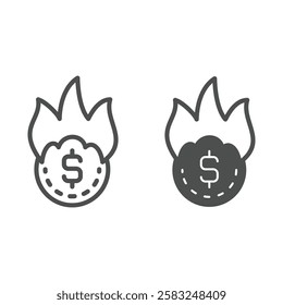 Burning dollar coin line and solid icon, dollar coin on fire concept. Vector graphics. Cent money sign on white background, outline style icon for mobile or web design