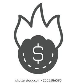 Burning dollar coin solid icon, dollar coin on fire concept. Vector graphics. Cent money sign on white background, glyph style icon for mobile or web design