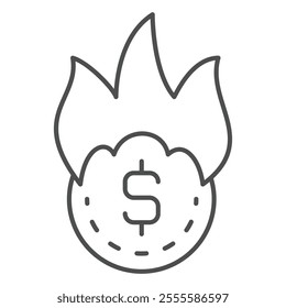 Burning dollar coin thin line icon, dollar coin on fire concept. Vector graphics. Cent money sign on white background, outline style icon for mobile or web design