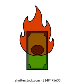 Burning dollar. Green money on fire. Failed business and economic crisis. Loss and inflation. Cartoon flat illustration