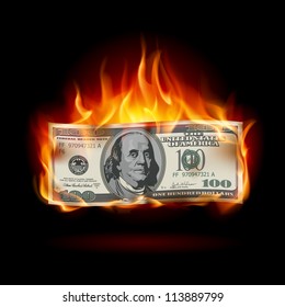 Burning dollar on a black background for design
