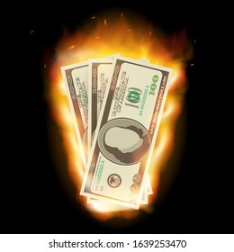 Burning dollar on a black background for design. Vector stock illustration.