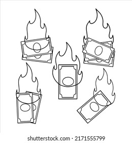 Burning dollar. Set of Sketch money on fire. Failed business and economic crisis. Loss and inflation. Doodle Cartoon illustration