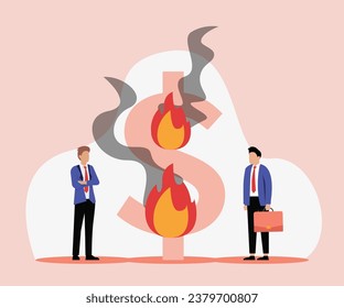 Gebranntes Dollarzeichen wird von zwei Geschäftsleuten beobachtet 2D flache Vektorgrafik-Konzept für Banner, Website, Illustration, Landing Page, Flyer usw.