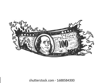 burning dollars money sketch engraving vector illustration. T-shirt apparel print design. Scratch board imitation. Black and white hand drawn image.