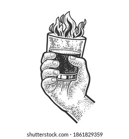 burning drink in hand sketch engraving vector illustration. T-shirt apparel print design. Scratch board imitation. Black and white hand drawn image.