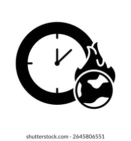 Burning Earth Clock Glyph Icon. Solid Style. Climate Anxiety Symbol of Global Warming, Crisis, Environmental Danger, and Urgent Climate Countdown in Black Silhouette.