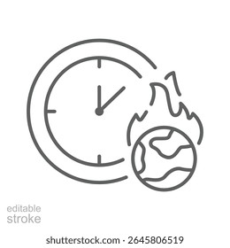 Burning Earth Clock Icon. Outline Style Editable Stroke. Thin Line Symbol of Climate Anxiety, Global Warming, Urgency, Environmental Crisis, and Climate Change Countdown Awareness.