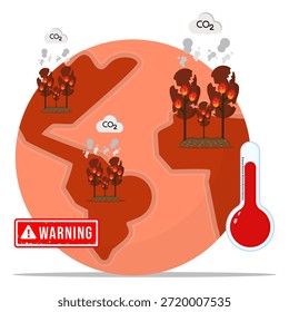 Brennende Erde mit Waldbränden und einem Thermometer, symbolisiert Klimawandel und Umweltkrise. Geeignet für Sensibilisierungskampagnen zum Klimawandel.