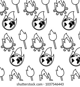 burning earth globe bonfire flame disaster pattern image vector illustration outline graphic