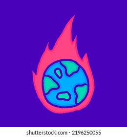 Doodle de Planeta Tierra Ardiente, ilustración para camisetas, pegatinas o artículos de vestir. Con estilo pop moderno y retro.