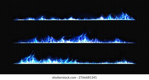 Burning edge set with blue fire and smoke isolated on transparent background. Vector realistic illustration of burnt border lines with cold magical flames, smoldering mystical hell fire design element