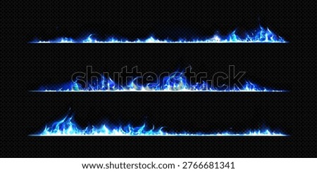 Burning edge set with blue fire and smoke isolated on transparent background. Vector realistic illustration of burnt border lines with cold magical flames, smoldering mystical hell fire design element