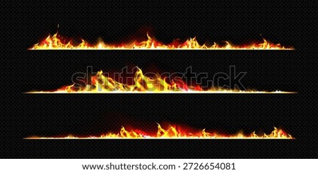 Burning edge set with fire and smoke isolated on transparent background. Vector realistic illustration of burnt border lines with hot orange flames, smoldering paper sheet, fireplace design element