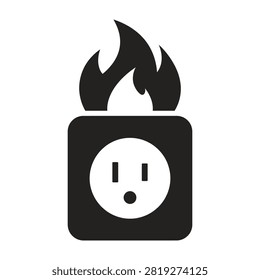 A burning electrical outlet with flames rising from the top, indicating a fire hazard or electrical malfunction