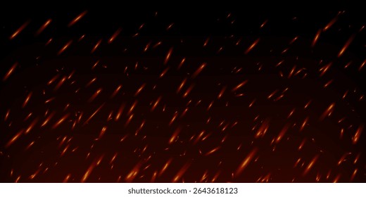Burning embers and fiery sparks rise against dark smoky background. Hot flame effect with glowing particles and heat glow. Realistic vector overlay. Ideal for bonfire, grill or industrial fire scenes.