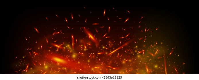 Burning embers and glowing sparks fly in dark smoky background. Fiery texture with red flames and ash creates intense heat and industrial power mood. Realistic vector illustration for fire themes.
