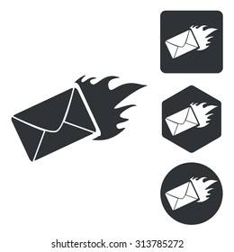 Burning envelope icon set, monochrome, isolated on white