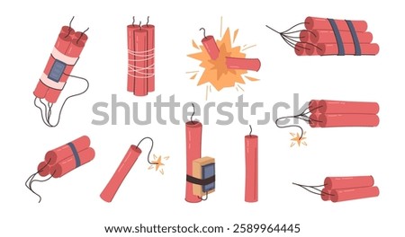 Burning and explode tnt sticks, bombs and dynamite with detonation systems, weaponry with cords and wires attached to clock. Vector destruction and military armament, explosive weapon with detonator