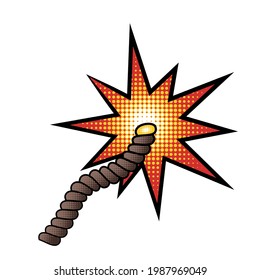 Burning explosive fuse in comic cartoon style with halftones isolated on white background. Design element for bomb or dynamite stick. Vector illustration
