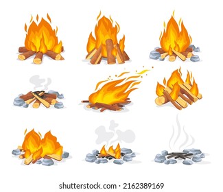 Burning and extinct bonfire. Forest heating bondfire, fireplace burn logs autumn cartoon campfire flammable firewoods wooden outdoor fire combustion, set vector illustration of firewood and campfire