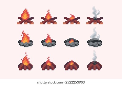 Conjunto de arte de píxeles de fuego de campamento en llamas y extinguido. Colección de pozo de fuego que se desvanece. 8 bits. Desarrollo de juegos, App móvil. Ilustración vectorial aislada.