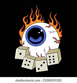 Burning eyeball surrounded by flames is throwing dice - gambling addiction concept