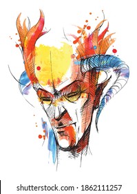 Burning face of a demon with horns. Devil. The head of the beast