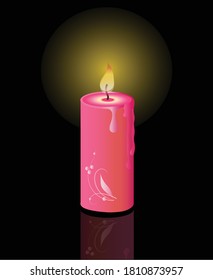 Burning festive pink candle with an ornament decoration on a black background. Vector illustration for design.