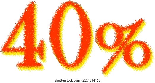 Burning fiery numbers with swirls, 40%. Volumetric three-dimensional figures with fiery brags along the contour. Vector. Ability to change to any size without loss of quality.