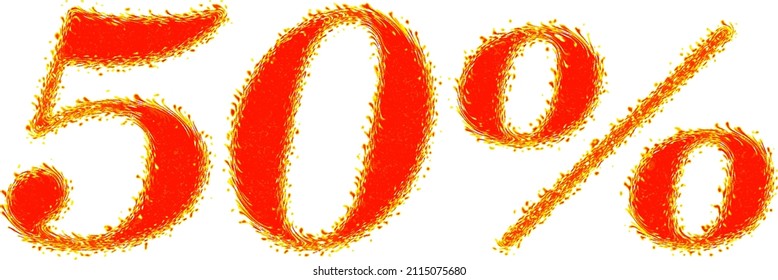 Burning fiery numbers with swirls, 50%. Volumetric three-dimensional figures with fiery brags along the contour. Vector. Ability to change to any size without loss of quality.