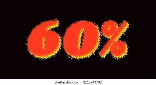 Burning fiery numbers with swirls, 60%. Volumetric threedimensional figures with fiery brags along contour. Vector. Dark background, separate use. Ability to change to any size without loss of quality