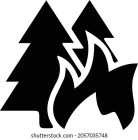 Burning fir tree icon in flame isolated, natural disaster concept illustration background, danger poster, beware of forest fires