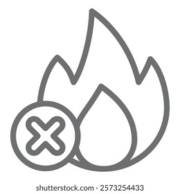 Burning fire ban line icon, prohibited items concept. Vector graphics. Fire flame burns forbidden sign on white background, outline style icon for mobile or web design