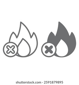 Burning fire ban line and solid icon, prohibited items concept. Vector graphics. Fire flame burns forbidden sign on white background, outline style icon for mobile or web design