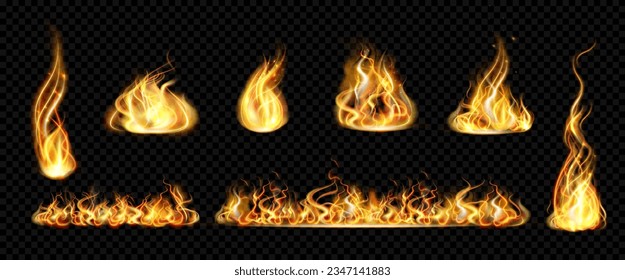 Burning fire, bonfire or campfire, realistic illustration collection. Isolated combustion, aflame and blazing lights. Flaming and ignition, powerful nature energy and warmth or heat