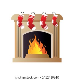 Burning fire in brown stone fireplace with Christmas red socks