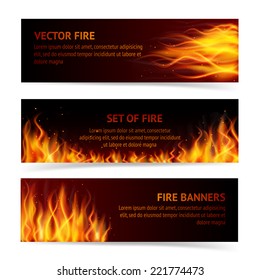 Burning fire campfire hot flame strokes realistic horizontal banner set isolated vector illustration