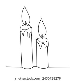 Burning fire candle continuous one line drawing vector isolated on white. Vector illustration