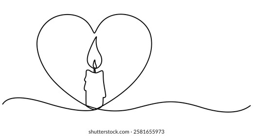 Burning fire candle with love continuous one line drawing, Continuous one line drawing candle burning flame. Black contour line simple minimalist graphic isolated vector illustration. Grief loss pro.