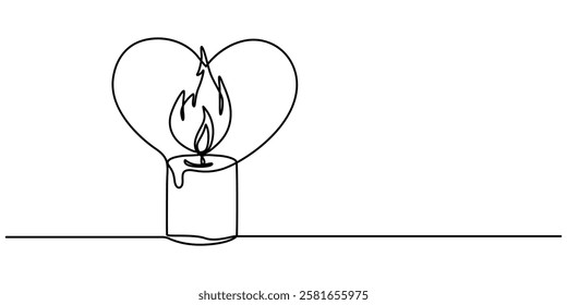 Burning fire candle with love continuous one line drawing, Continuous one line drawing candle burning flame. Black contour line simple minimalist graphic isolated vector illustration. Grief loss pro.