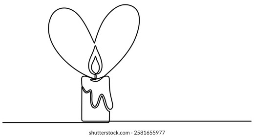 Burning fire candle with love continuous one line drawing, Continuous one line drawing candle burning flame. Black contour line simple minimalist graphic isolated vector illustration. Grief loss pro.