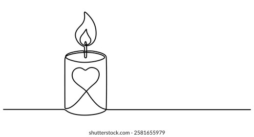 Burning fire candle with love continuous one line drawing, Continuous one line drawing candle burning flame. Black contour line simple minimalist graphic isolated vector illustration. Grief loss pro.