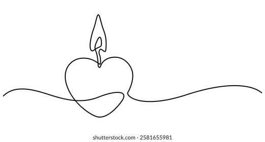 Burning fire candle with love continuous one line drawing, Continuous one line drawing candle burning flame. Black contour line simple minimalist graphic isolated vector illustration. Grief loss pro.