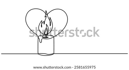 Burning fire candle with love continuous one line drawing, Continuous one line drawing candle burning flame. Black contour line simple minimalist graphic isolated vector illustration. Grief loss pro.