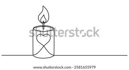 Burning fire candle with love continuous one line drawing, Continuous one line drawing candle burning flame. Black contour line simple minimalist graphic isolated vector illustration. Grief loss pro.